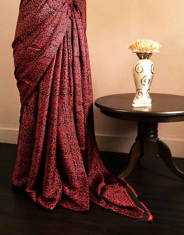 Pure Hand Block Printed Maroon Desi Tussar Silk Saree