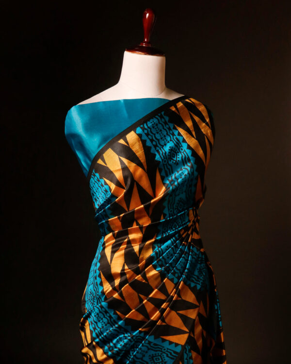 Pure Hand block Printed Blue and yellow Raw Silk saree