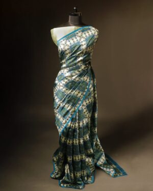 Pure Hand block Printed Semi white and Green Raw Silk saree