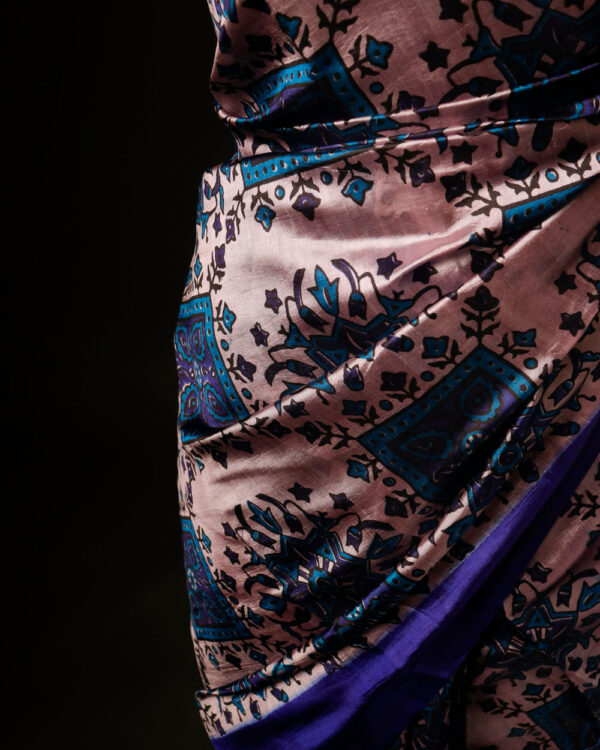 Pure Hand block Printed Dark Blue Raw Silk saree