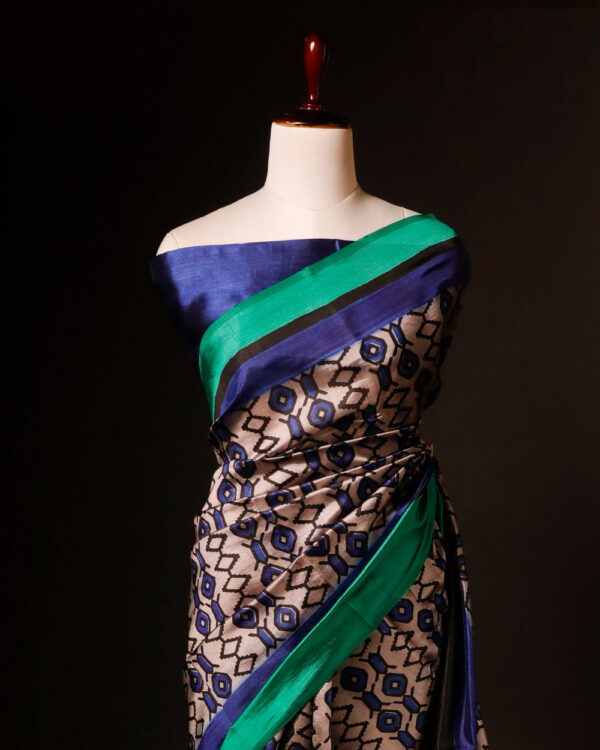 Pure Hand block Beige and blue Raw Silk saree