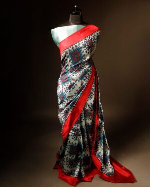 Pure Hand block Printed Red and Grey Raw Silk saree