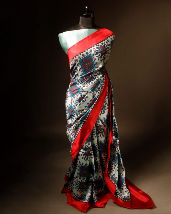 Pure Hand block Printed Red and Grey Raw Silk saree