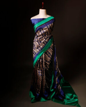 Pure Hand block Beige and blue Raw Silk saree