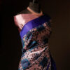 Pure Hand block Printed Dark Blue Raw Silk saree