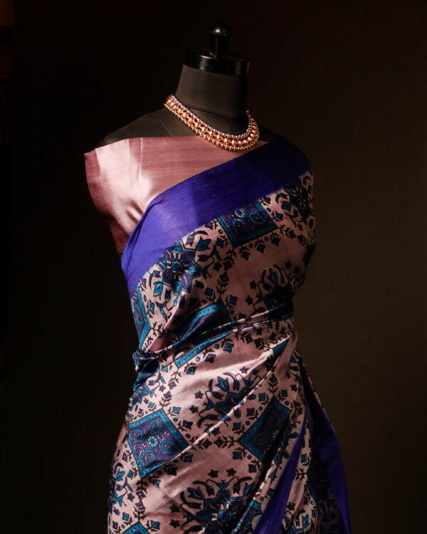 Pure Hand block Printed Dark Blue Raw Silk saree