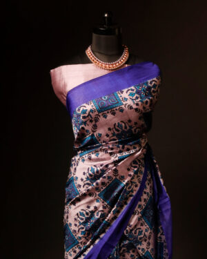 Pure Hand block Printed Dark Blue Raw Silk saree