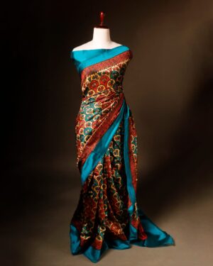 Pure Hand block Printed Floral khaki Raw Silk saree