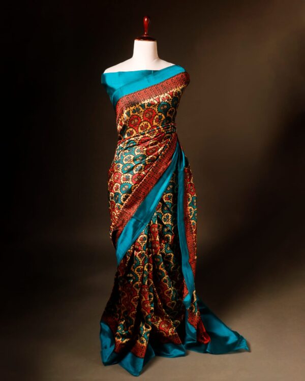Pure Hand block Printed Floral khaki Raw Silk saree