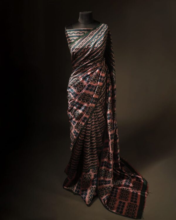 Sage Serenity Green and Beige Printed Pure Raw Silk Saree