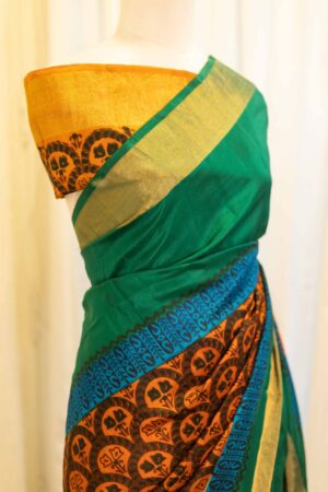 Emerald Symphony Green with Multicolor Printed Kanchipuram Silk Saree