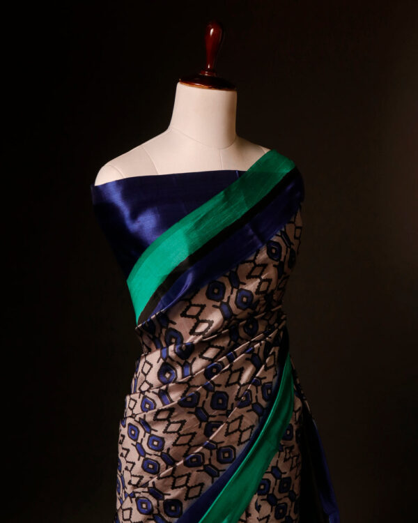Pure Hand block Beige and blue Raw Silk saree