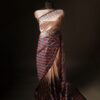 Pure Hand block Printed Stripe Beige Raw Silk saree