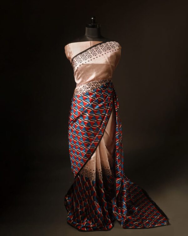 Pure Hand block Printed Stripe Beige Raw Silk saree