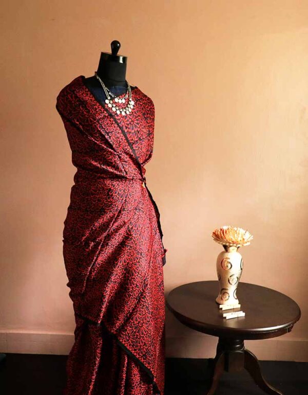 Pure Hand Block Printed Maroon Desi Tussar Silk Saree