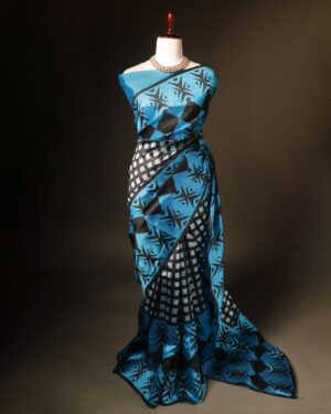 Pure Hand block Printed Sky blue and black checked Raw Silk saree