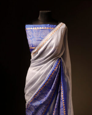 Uddup Breeze White and Blue Pure Dupion Silk Saree