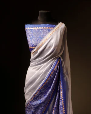 Uddup Breeze White and Blue Pure Dupion Silk Saree