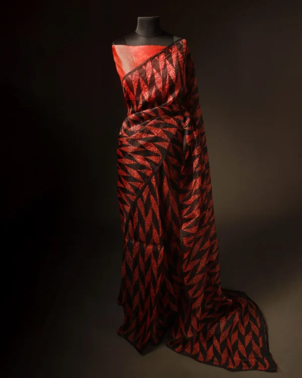 Sunset Noir Orange and Black Pure Organza Silk Saree