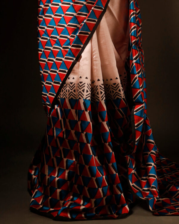 Pure Hand block Printed Stripe Beige Raw Silk saree