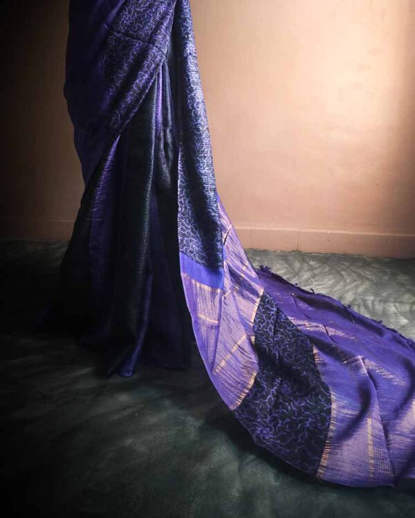 Pure Hand Block Printed Line Tussar Saree