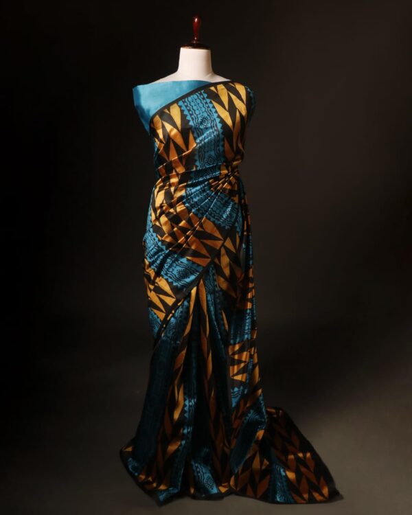 Pure Hand block Printed Blue and yellow Raw Silk saree
