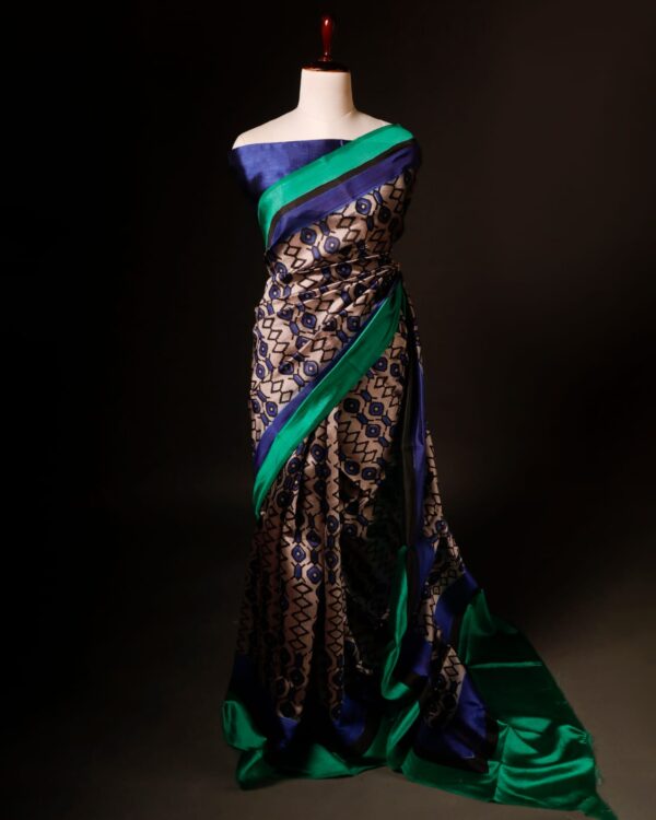 Pure Hand block Beige and blue Raw Silk saree
