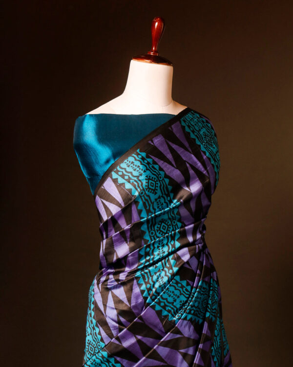 Pure Hand block Printed Blue and Black Raw Silk saree