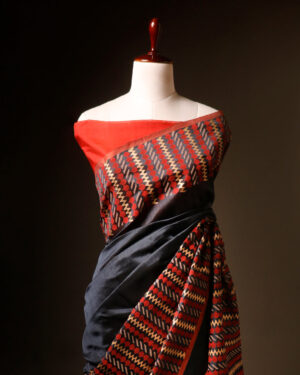 Scarlet Slate Grey and Red Handloom Silk Cotton Saree