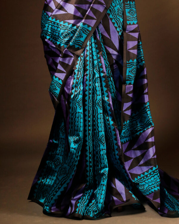 Pure Hand block Printed Blue and Black Raw Silk saree