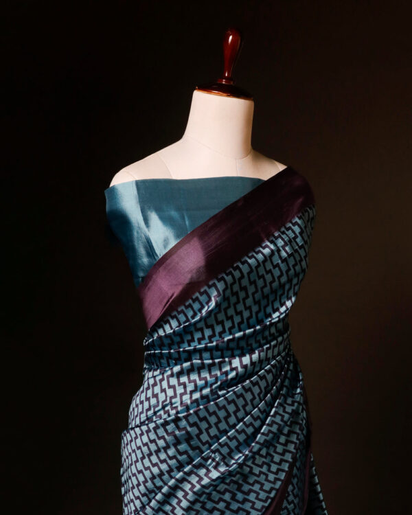 Pure Hand block Blue and black Raw Silk saree