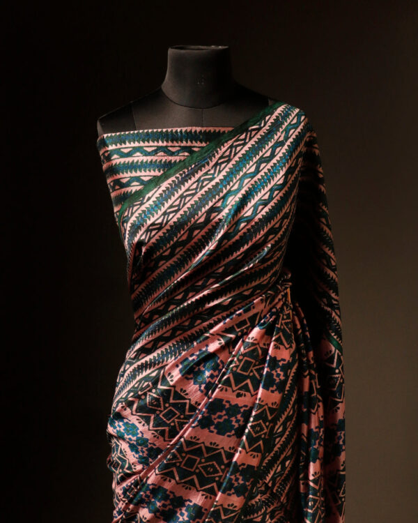 Sage Serenity Green and Beige Printed Pure Raw Silk Saree