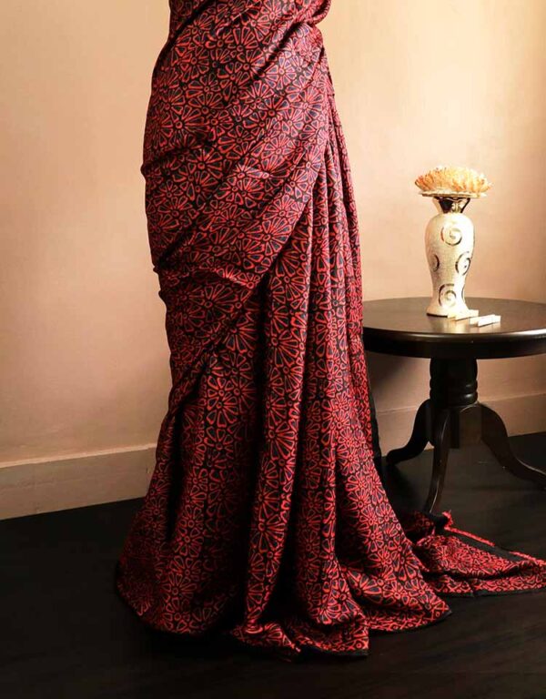Pure Hand Block Printed Maroon Desi Tussar Silk Saree