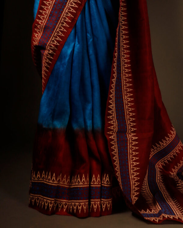Tranquil Indigo Blue and Brown Pure Dupion Silk Saree