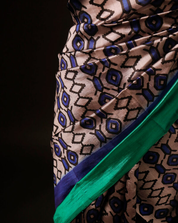 Pure Hand block Beige and blue Raw Silk saree