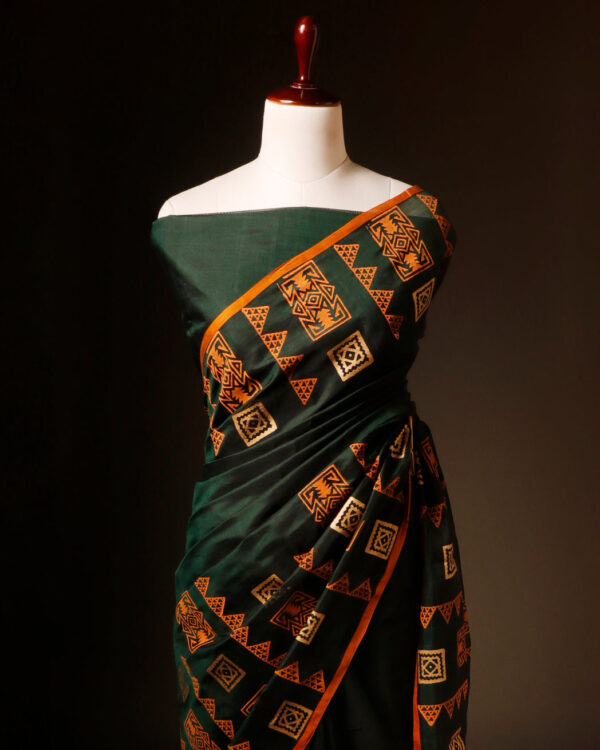 Harmony in Nature Green and Orange Handloom Silk Cotton Saree