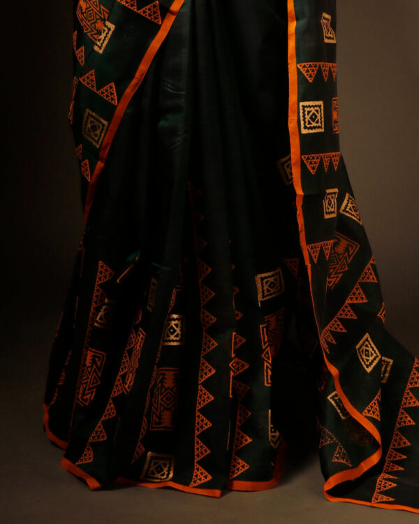 Harmony in Nature Green and Orange Handloom Silk Cotton Saree