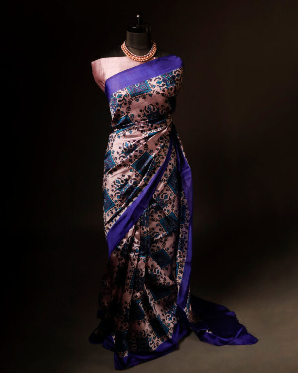 Pure Hand block Printed Dark Blue Raw Silk saree