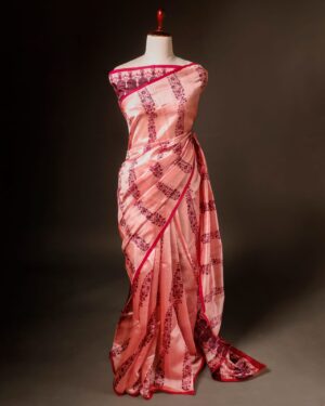 Pure Hand block Rose Pink Raw Silk saree