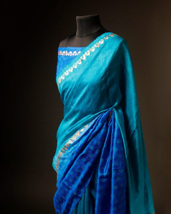 Twilight Sky Blue and Dark Blue Pure Dupion Silk Saree