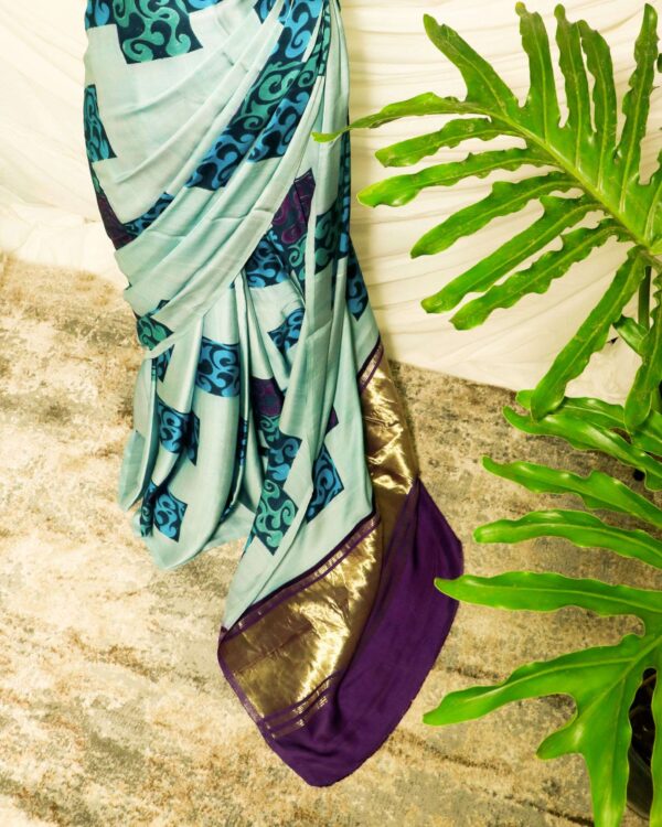 Pure Hand-Printed light Pista green Modal Silk Saree