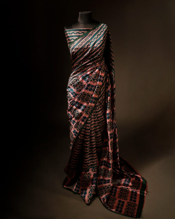 Sage Serenity Green and Beige Printed Pure Raw Silk Saree