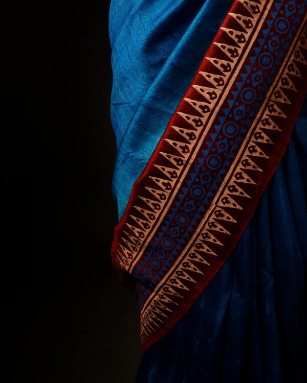 Tranquil Indigo Blue and Brown Pure Dupion Silk Saree