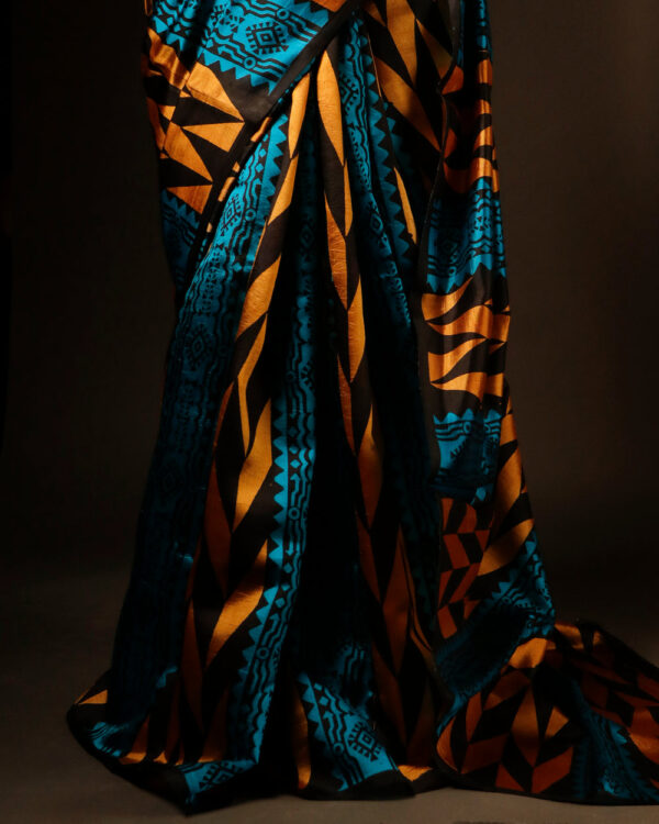 Pure Hand block Printed Blue and yellow Raw Silk saree