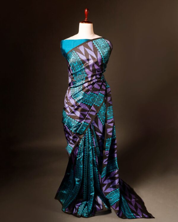 Pure Hand block Printed Blue and Black Raw Silk saree