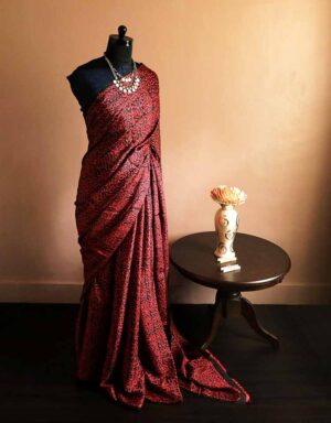 Pure Hand Block Printed Maroon Desi Tussar Silk Saree