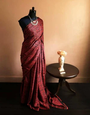 Pure Hand Block Printed Maroon Desi Tussar Silk Saree