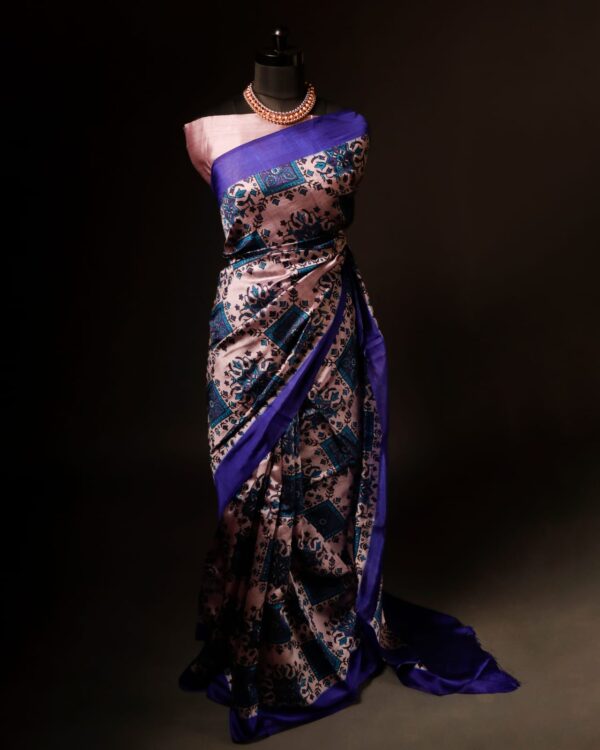 Pure Hand block Printed Dark Blue Raw Silk saree