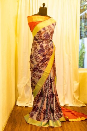 Sunset Bouquet Orange and Pink Printed Kanchipuram Silk Saree