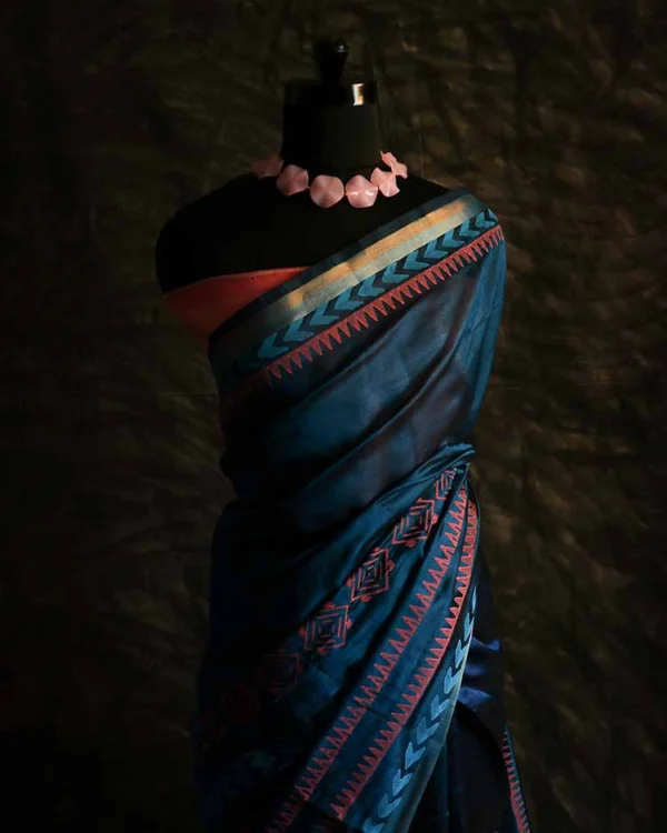Pure Handloom Prussian Blue Silk Cotton Saree